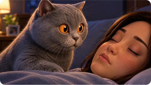 A gray cat beside a sleeping woman