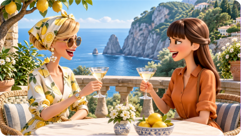 Two friends at a sunny seaside table