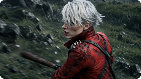 A white-haired character in a red cloak
