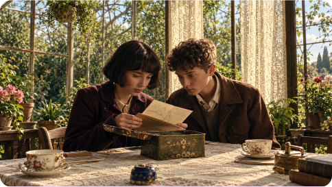 Two characters reading at a table in the forest