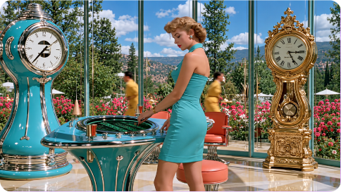 A woman in a turquoise dress among ornate clocks