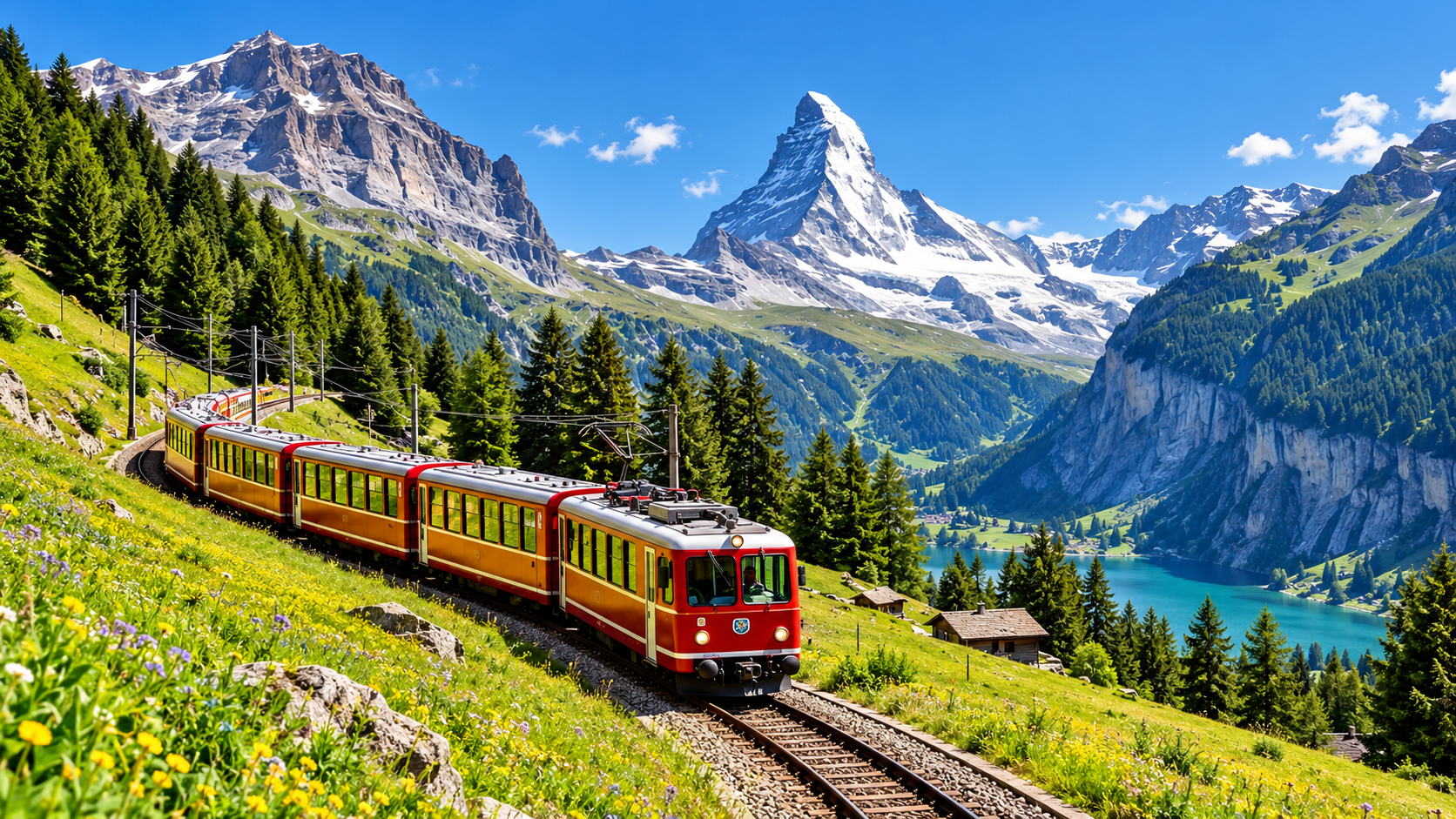 A red and yellow train winding through an alpine landscape beside a lake