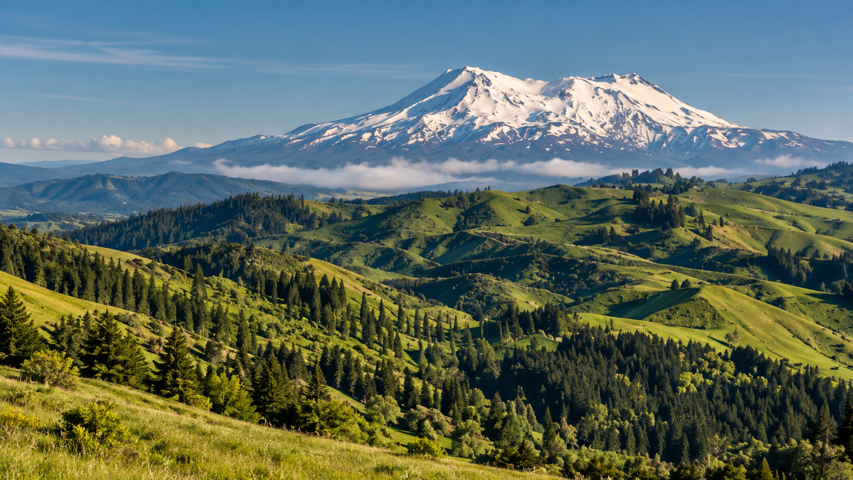 Snow-covered mountains above rolling green hills