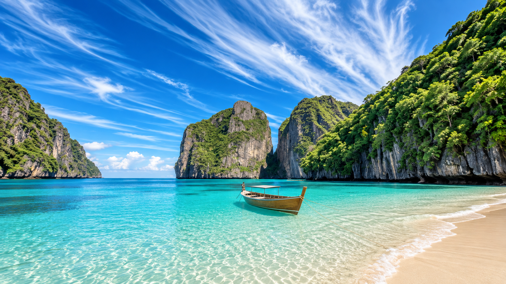 A wooden boat in a turquoise bay surrounded by cliffs