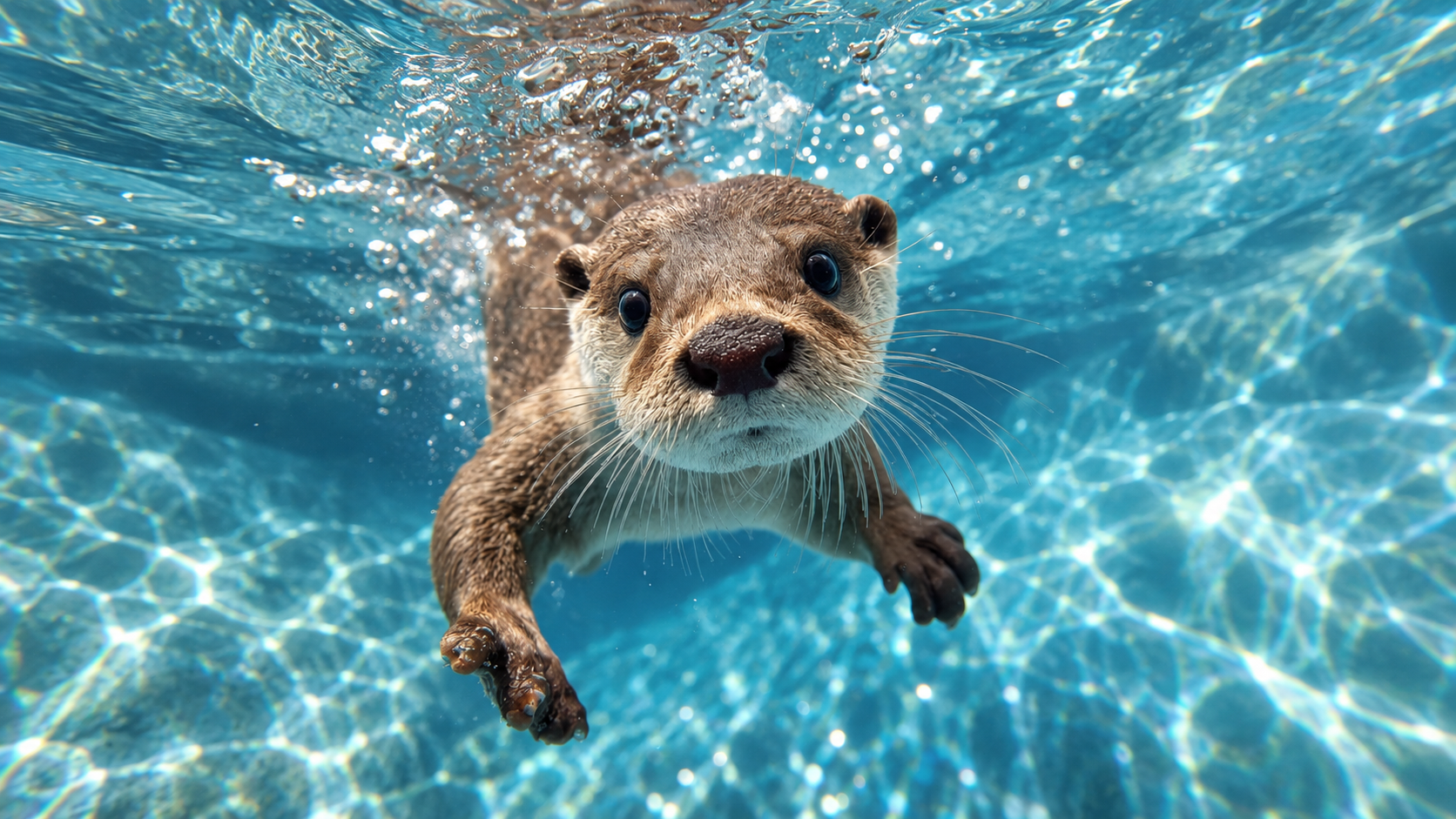 An otter swimming underwater toward the camera