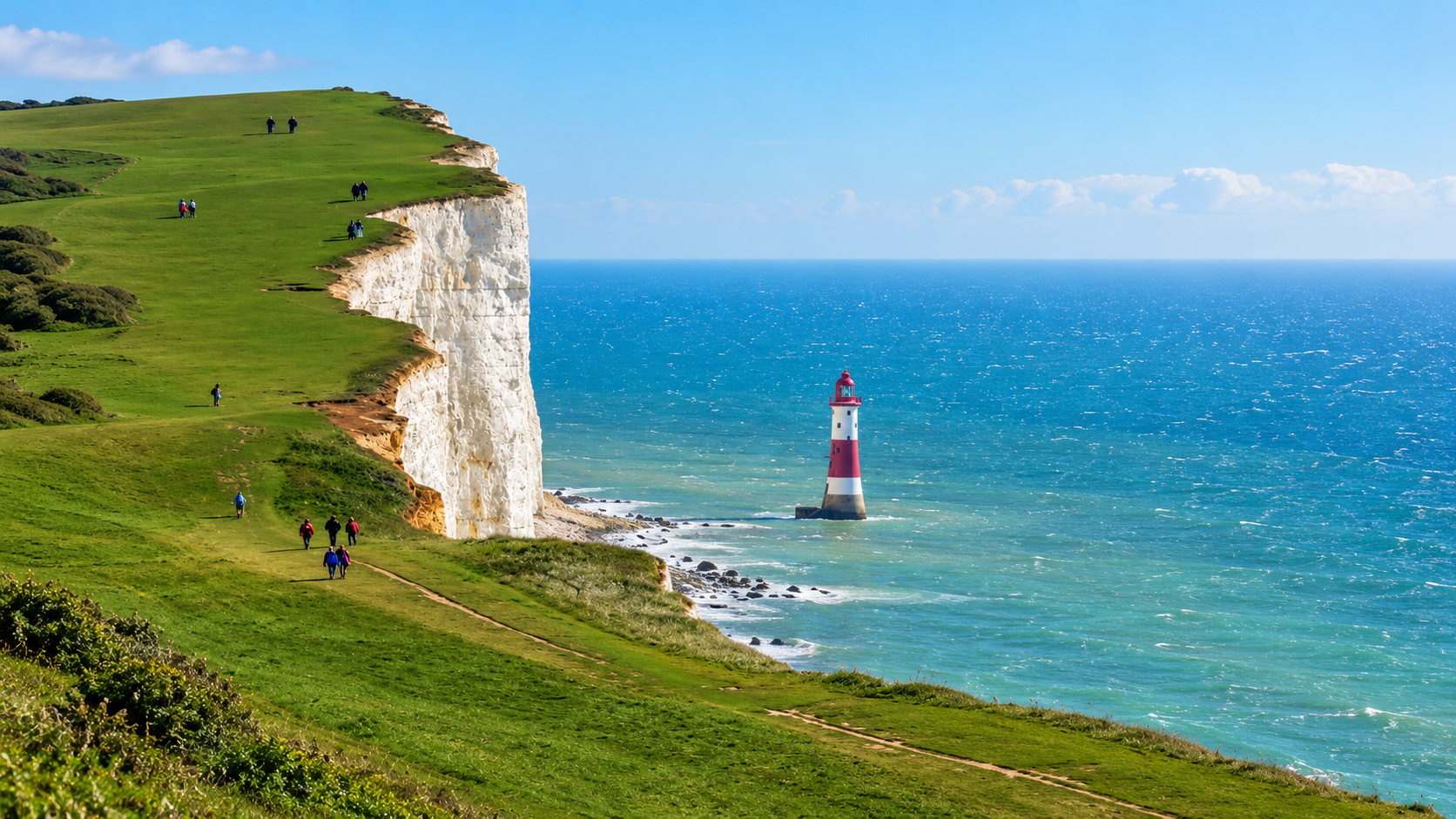 A lighthouse beside white coastal cliffs and green fields