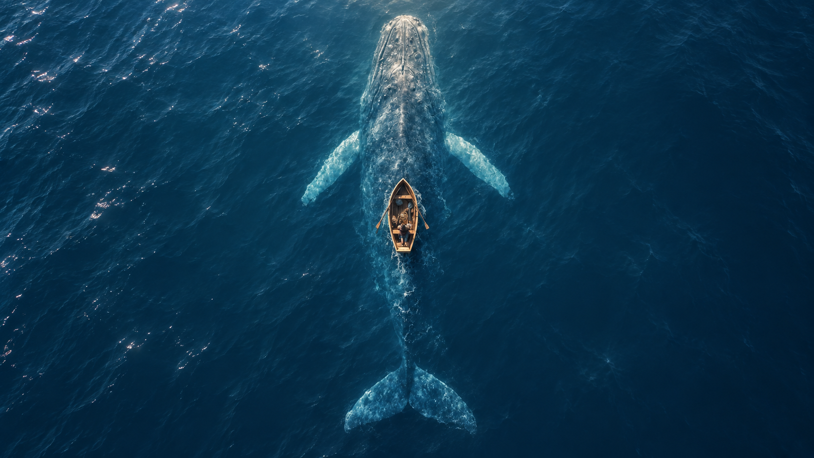 An overhead view of a small rowing boat above a whale