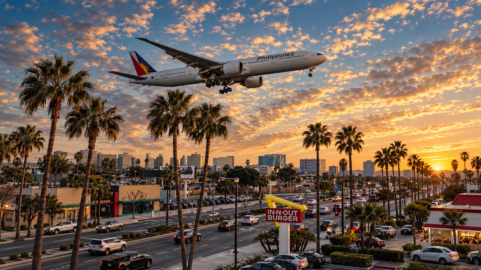 An airliner flying over a palm-lined city at sunset