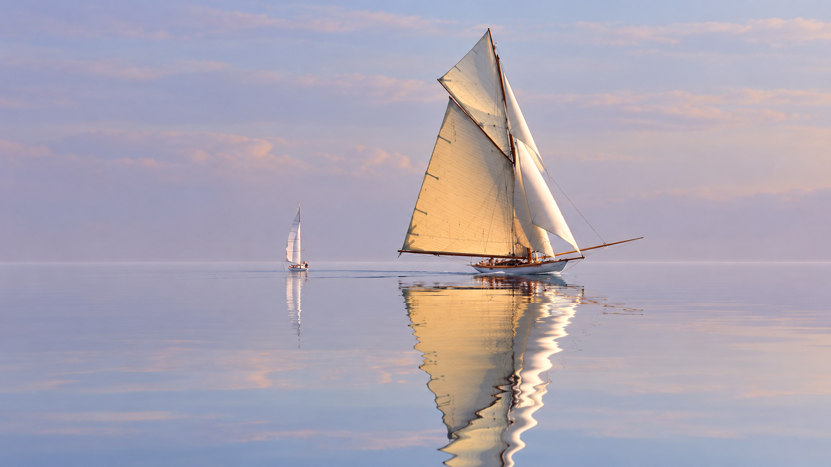 Sailboats reflected in calm water under a pastel sky