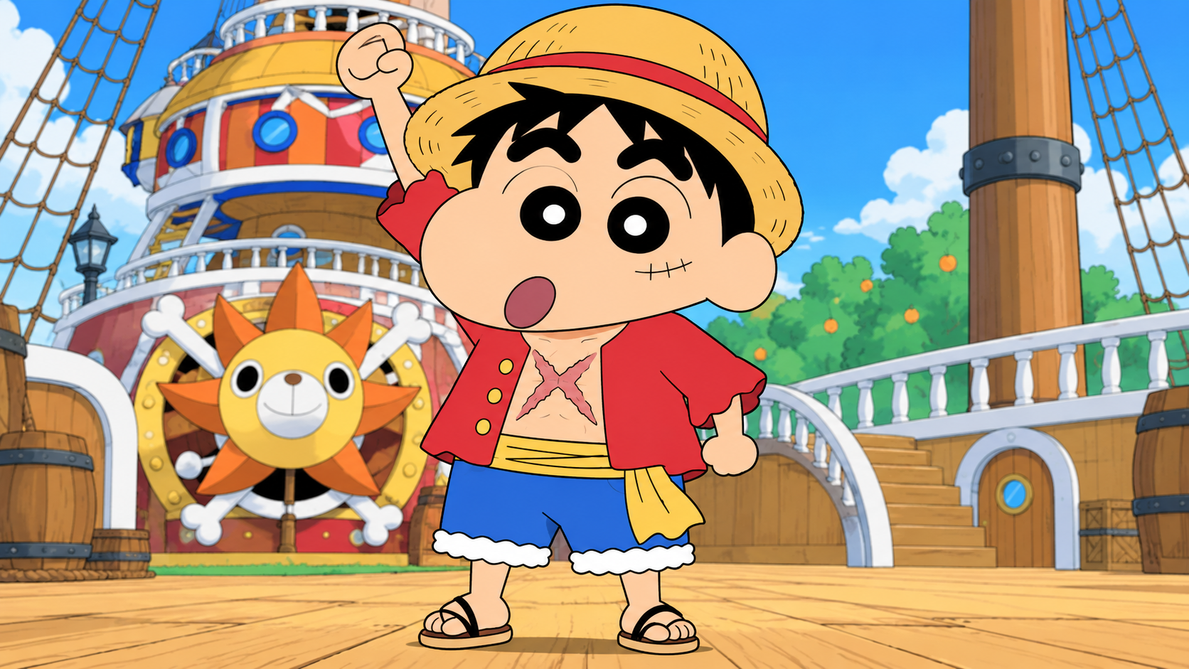 A cartoon pirate in a straw hat raising a fist on a ship