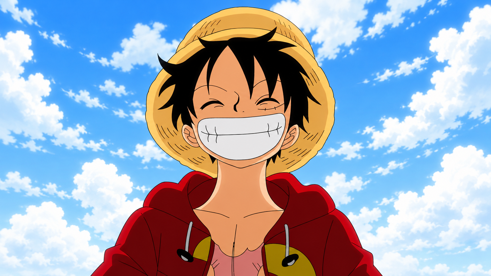A smiling anime pirate in a straw hat against a blue sky