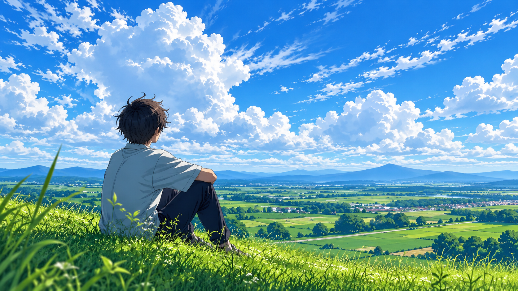 An anime character sitting on a grassy hill overlooking the countryside