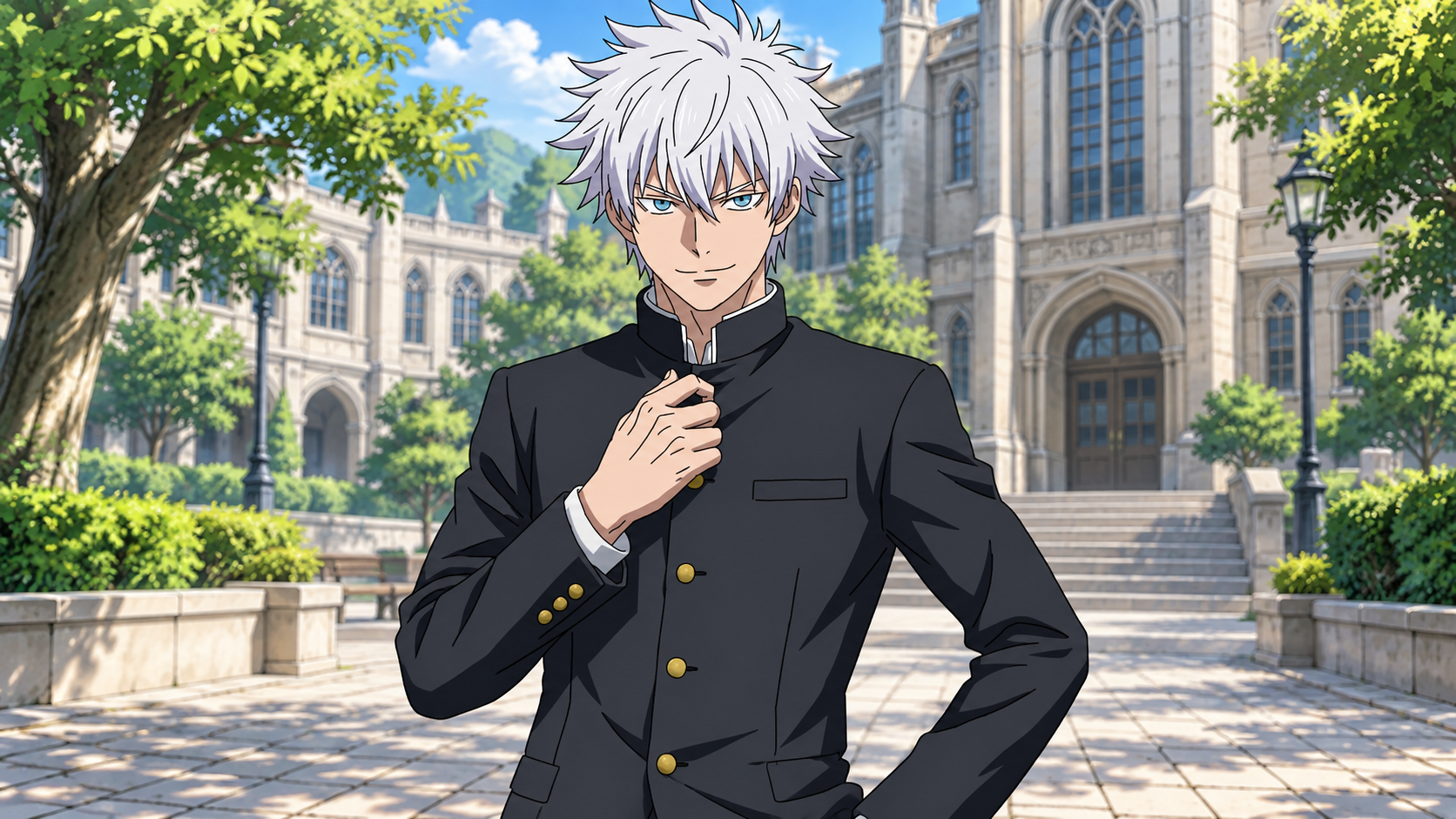 A white-haired anime character in a black uniform outside a school