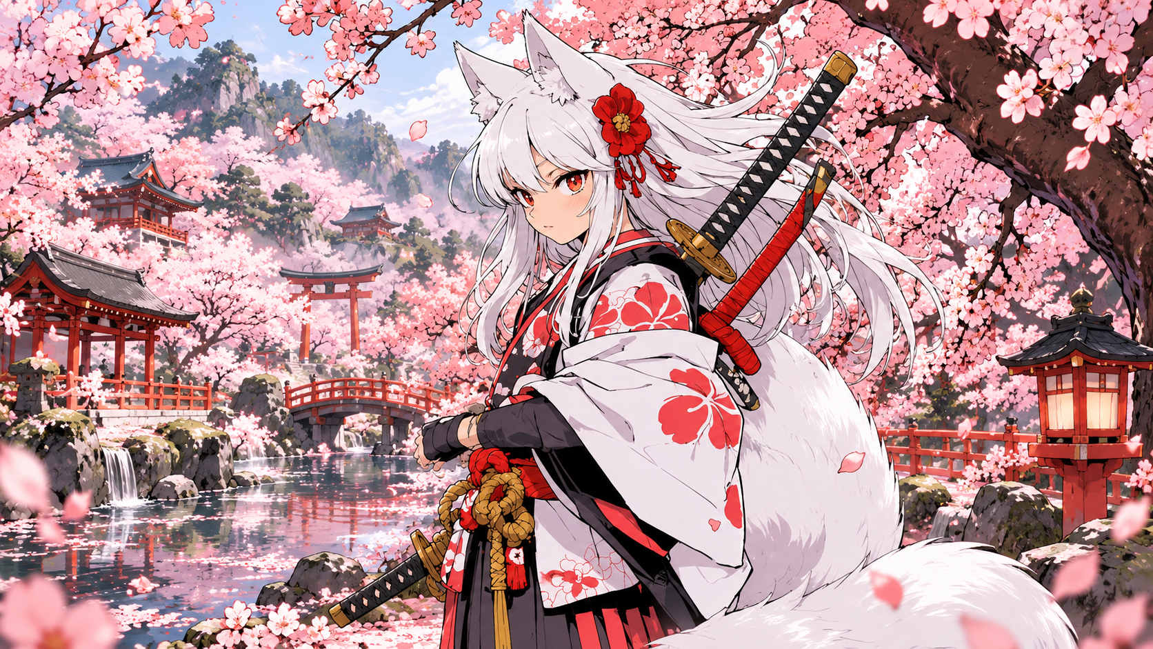A white-haired fox-eared swordswoman among cherry blossoms
