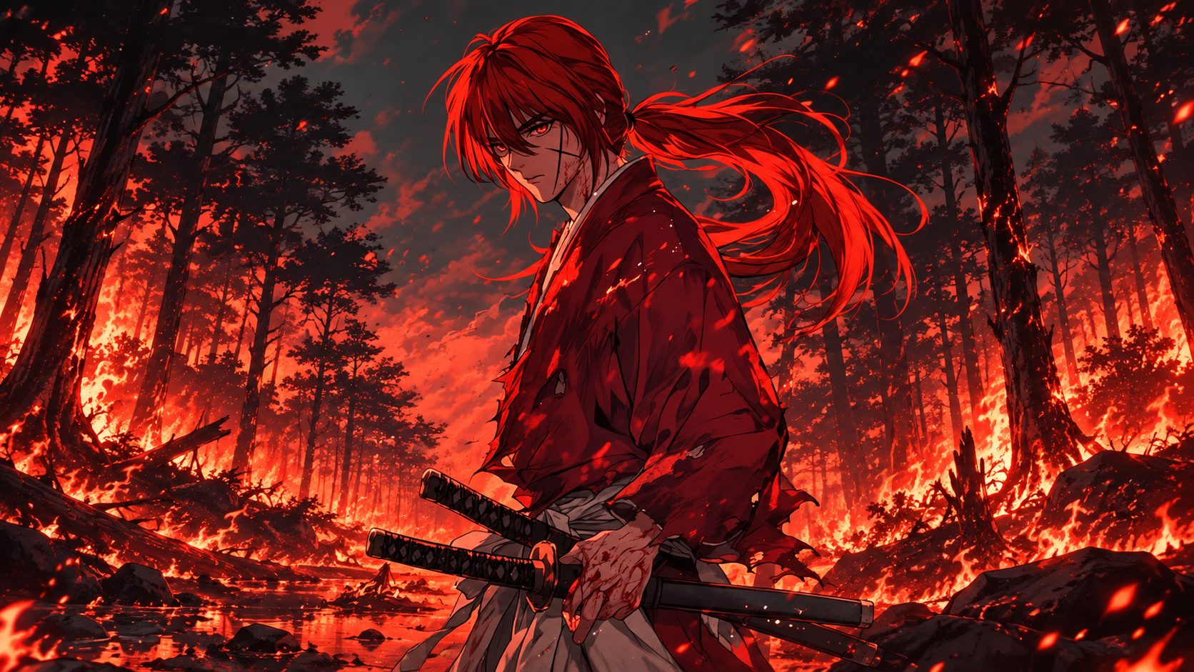 A red-haired swordsman in a burning forest