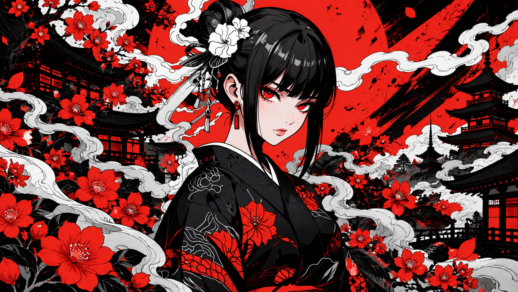 An anime woman in a black floral kimono against red and white scenery