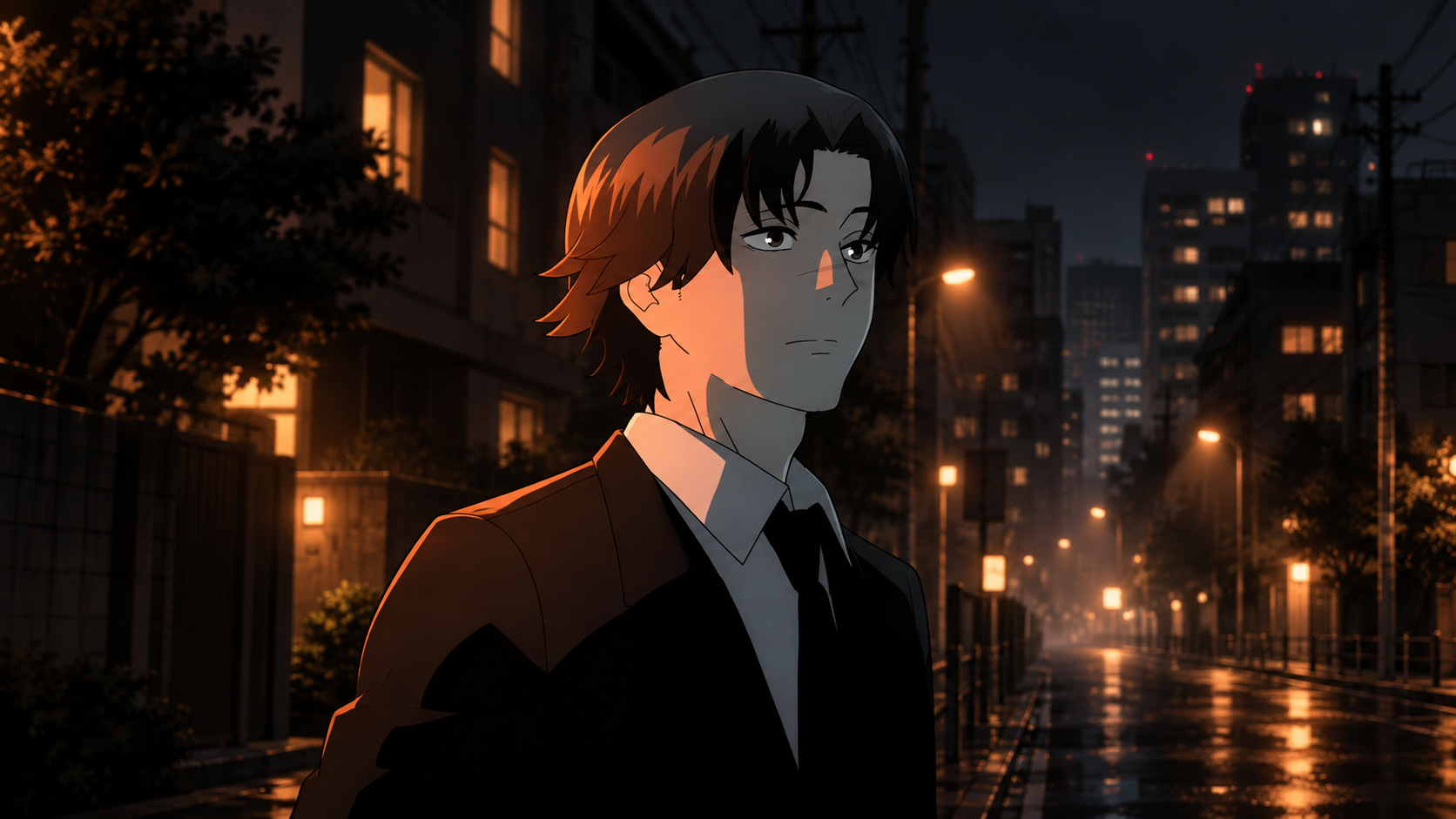 An anime man in a suit on a city street at night