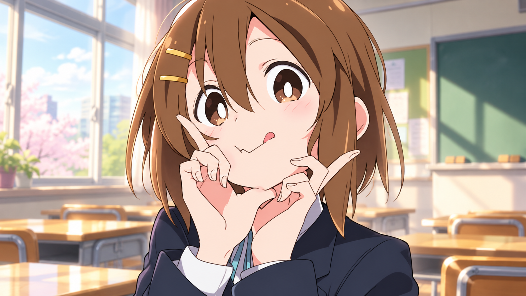 A brown-haired anime student posing in a sunlit classroom