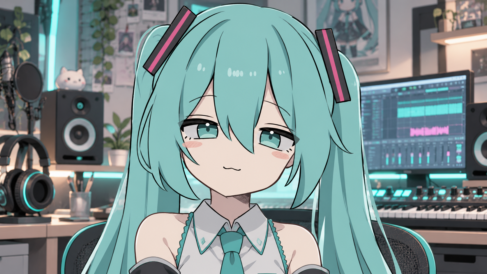 A turquoise-haired anime singer in a recording studio