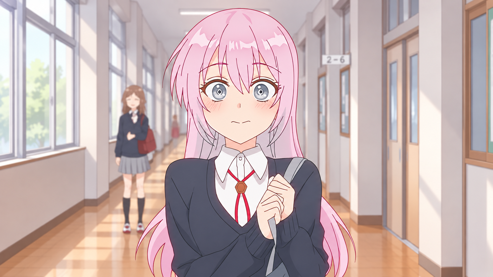 A pink-haired anime student in a school hallway