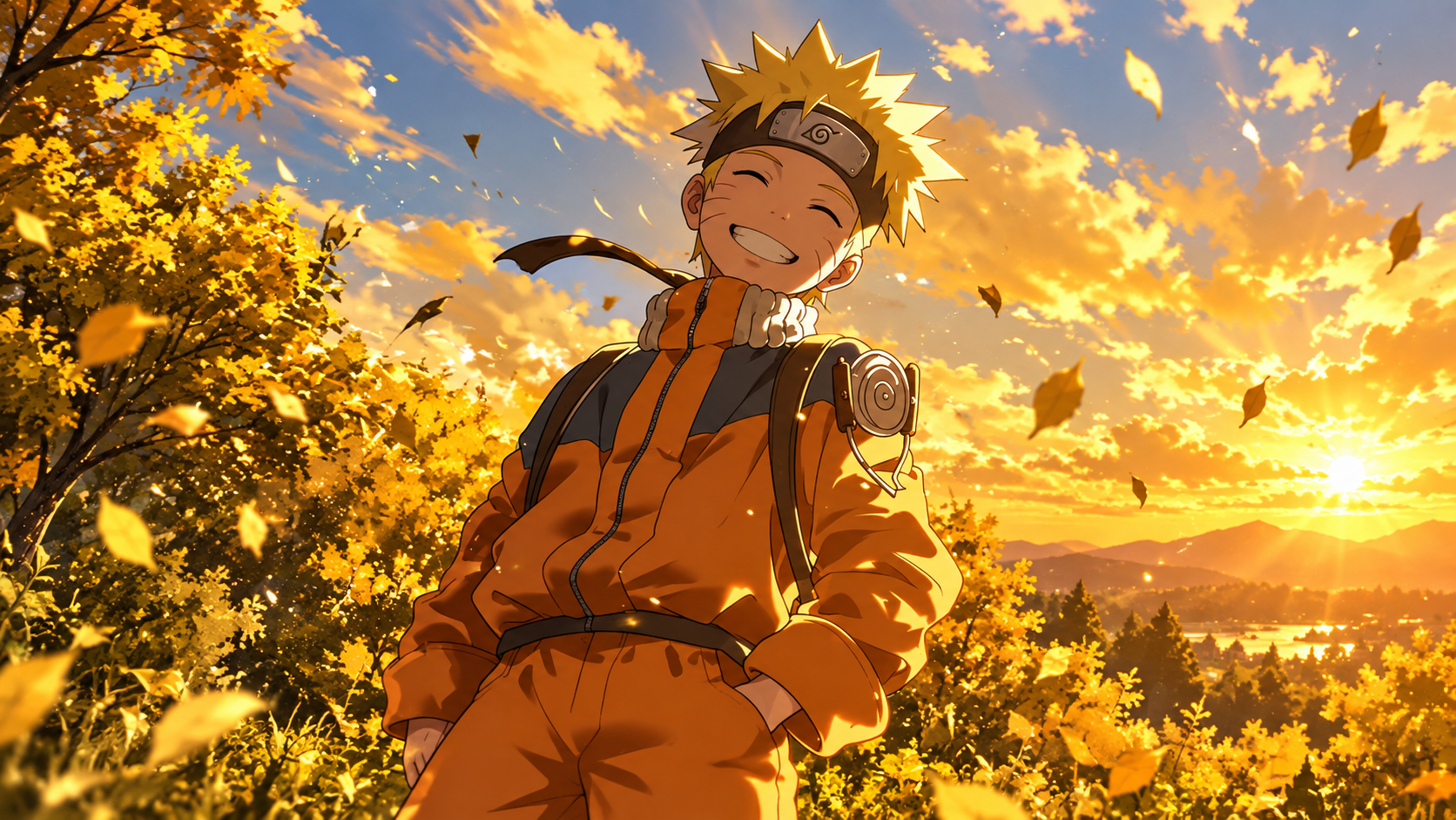 A smiling blond anime ninja in an autumn landscape at sunset