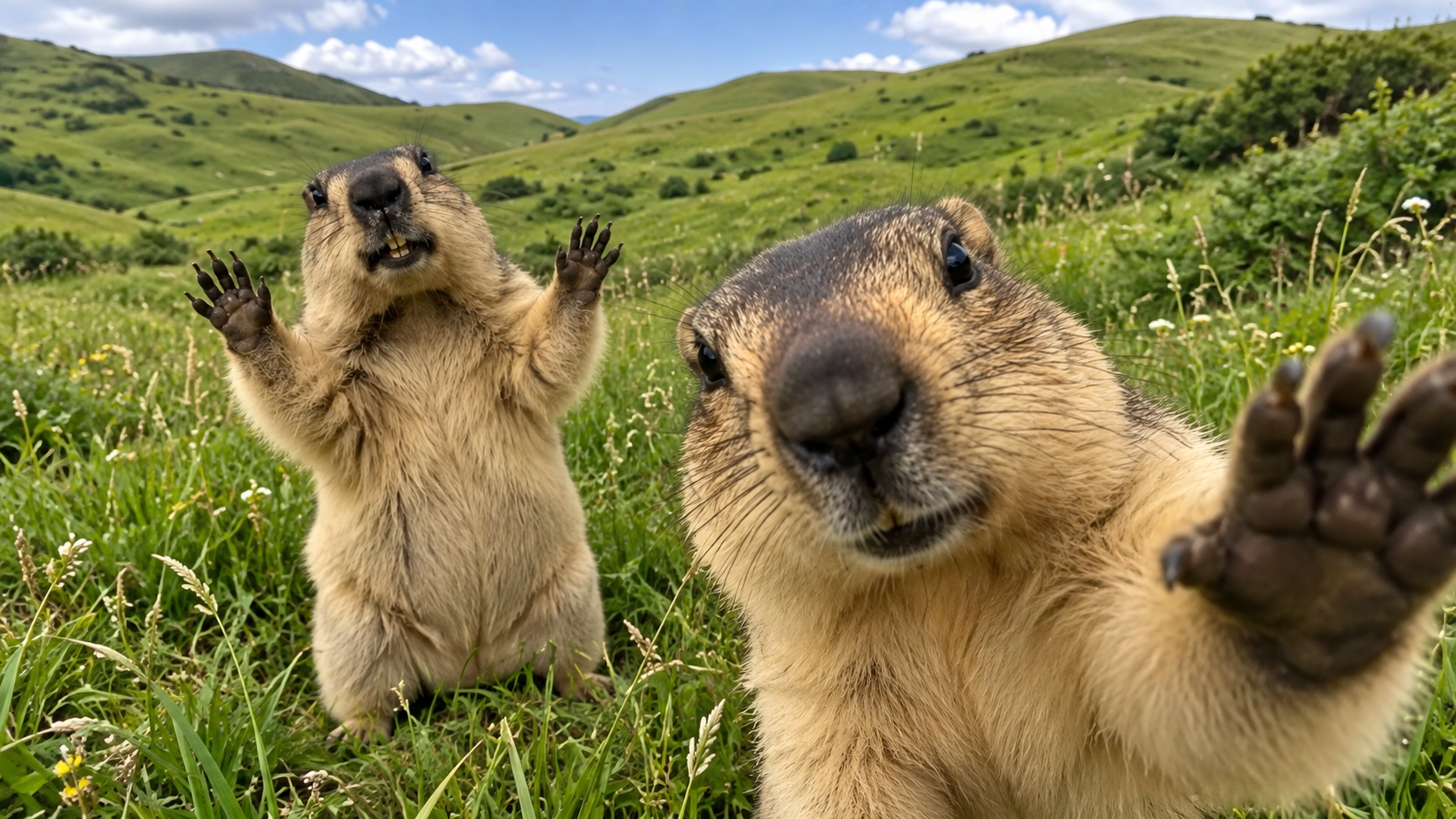 Two marmots reaching toward the camera in a green meadow
