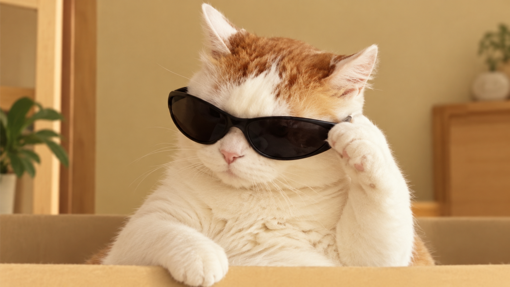 A cat adjusting its black sunglasses