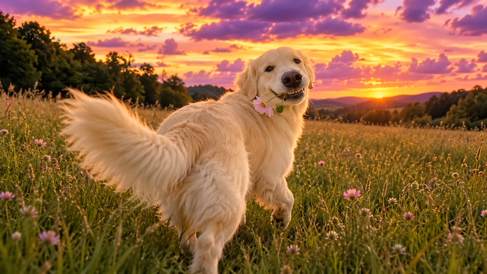 A golden retriever holding a flower in a meadow at sunset