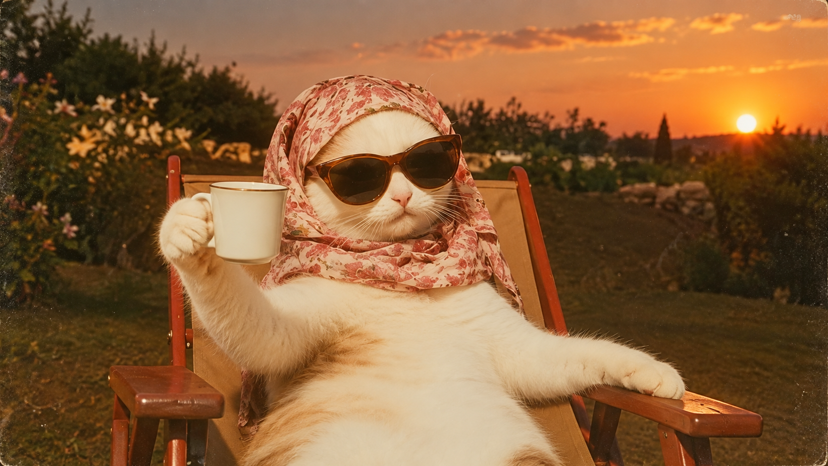 A cat in sunglasses and a headscarf relaxing with a mug at sunset