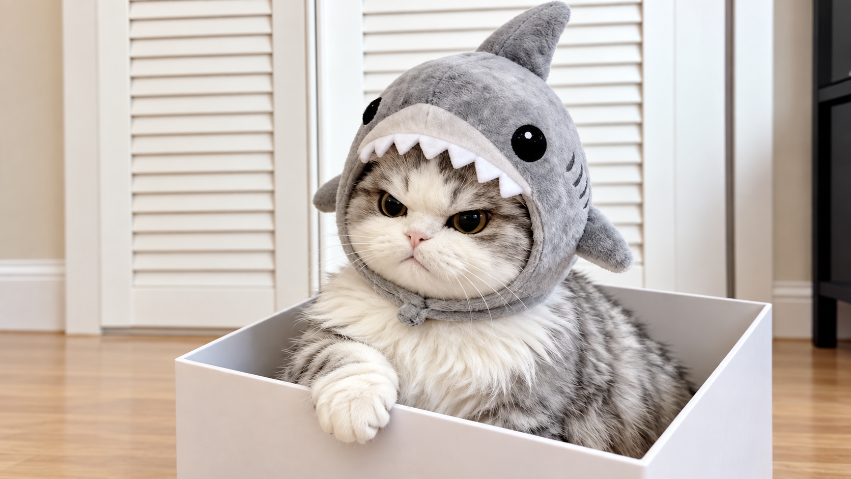 A cat wearing a shark hood in a white box