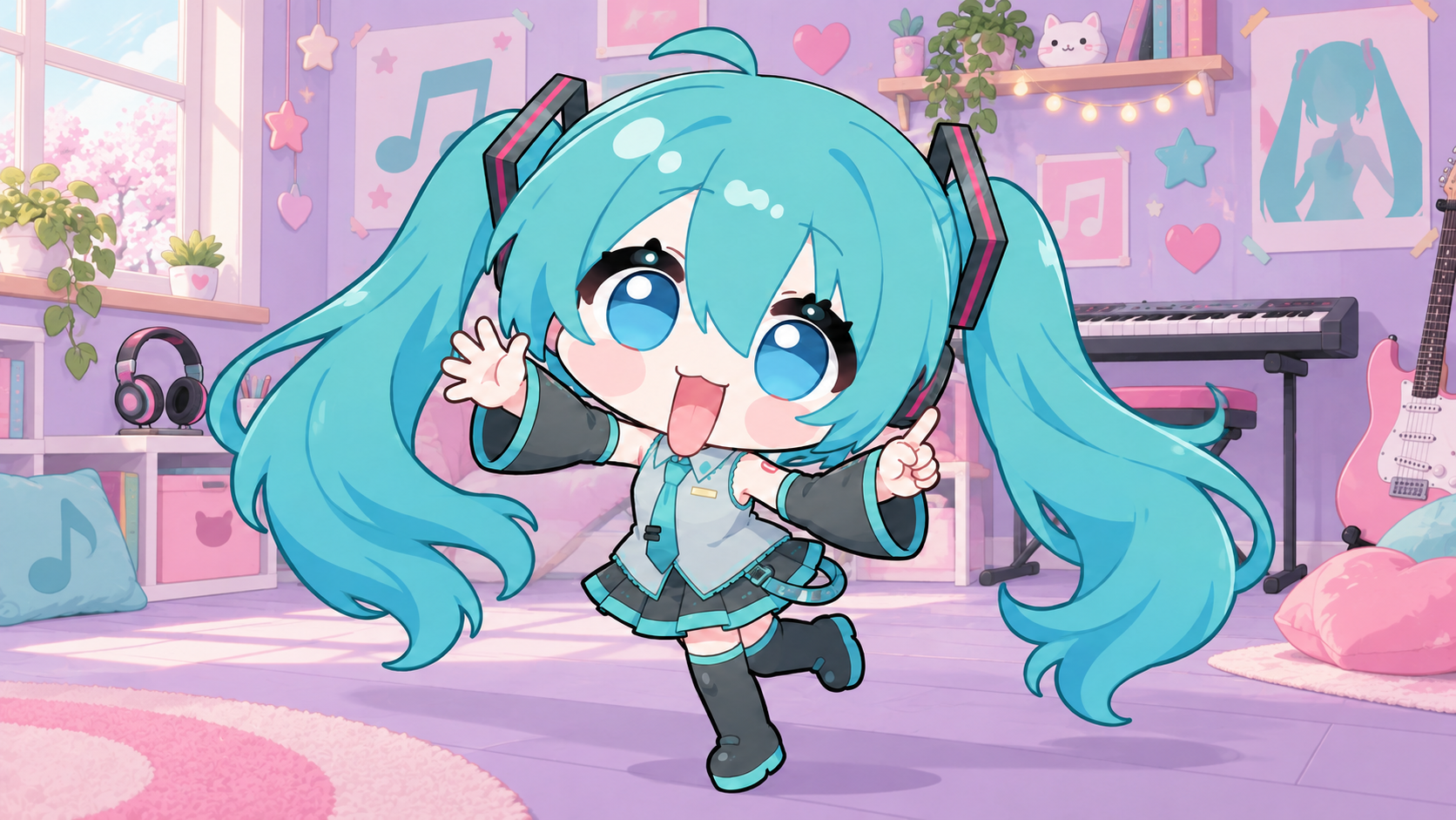 A turquoise-haired cartoon character dancing in a pastel music room
