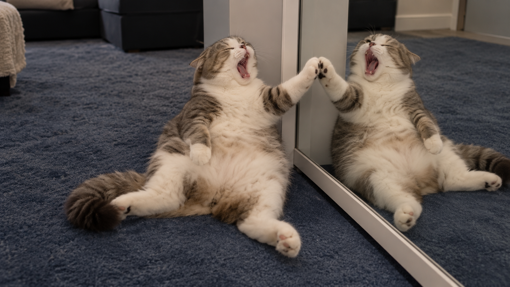 A cat raising its paw toward its reflection in a mirror