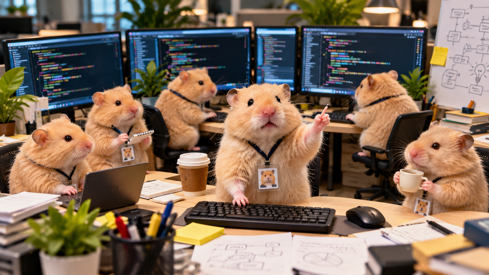 A team of hamsters working at computers in an office