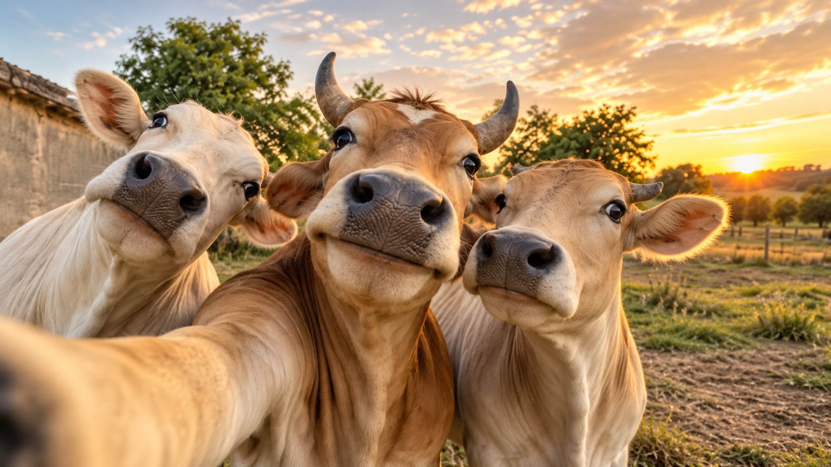 Three cows posing for a selfie at sunset