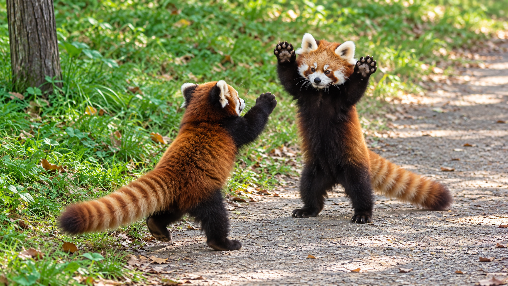 Two red pandas raising their paws on a woodland path