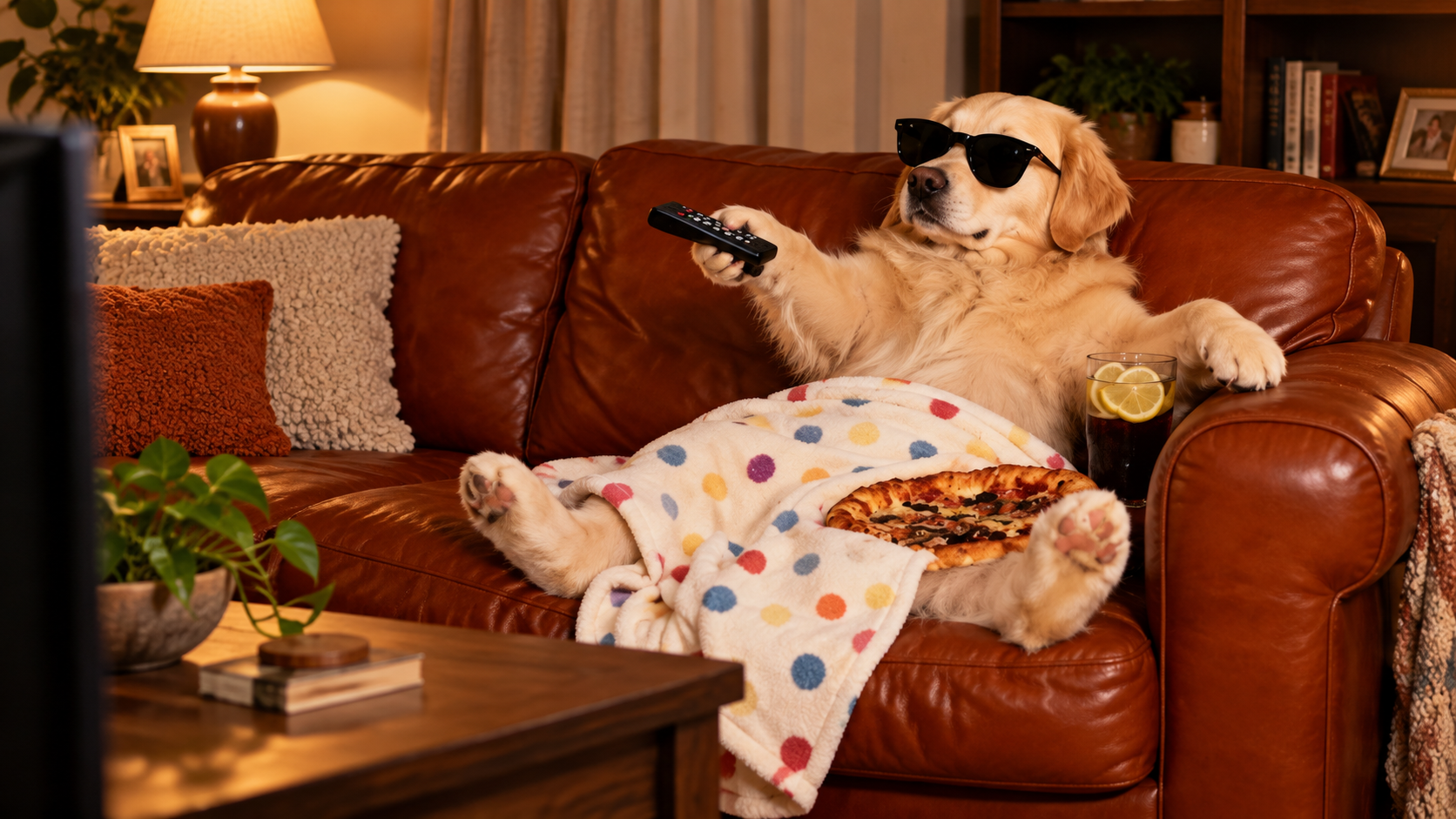 A golden retriever relaxing on a sofa with sunglasses and a TV remote