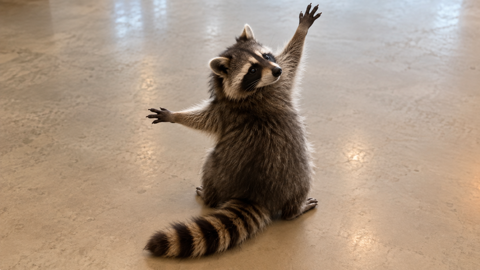 A seated raccoon spreading its arms
