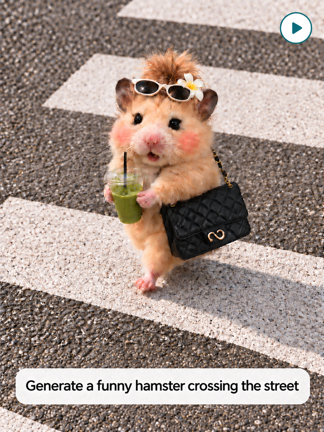 Text-to-video example: a hamster carrying a drink and handbag crosses the street