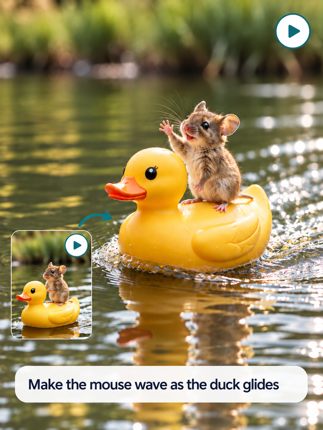 Video-to-video example: a mouse waves while riding a yellow duck on water