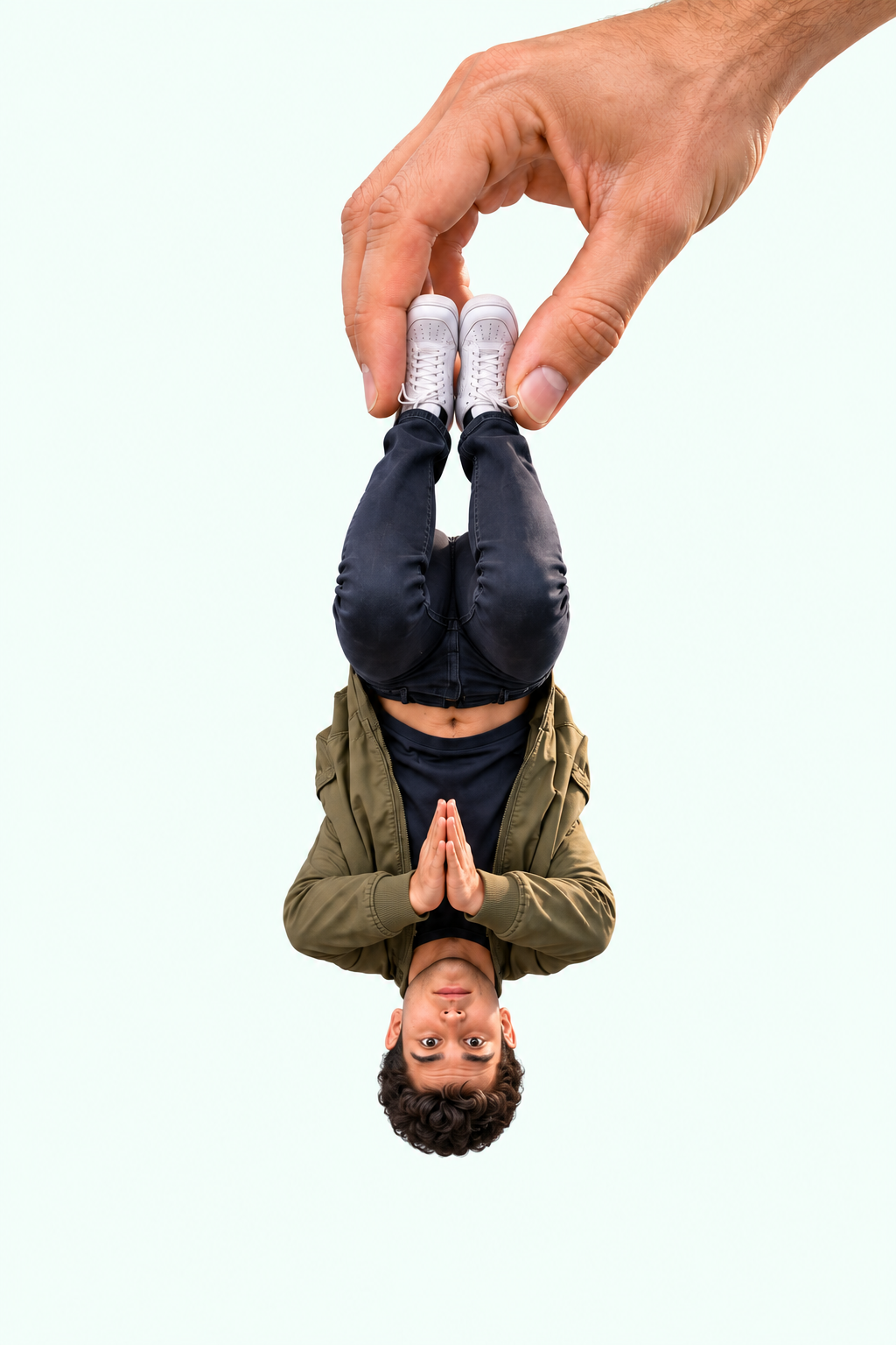 A miniature man held upside down by a hand