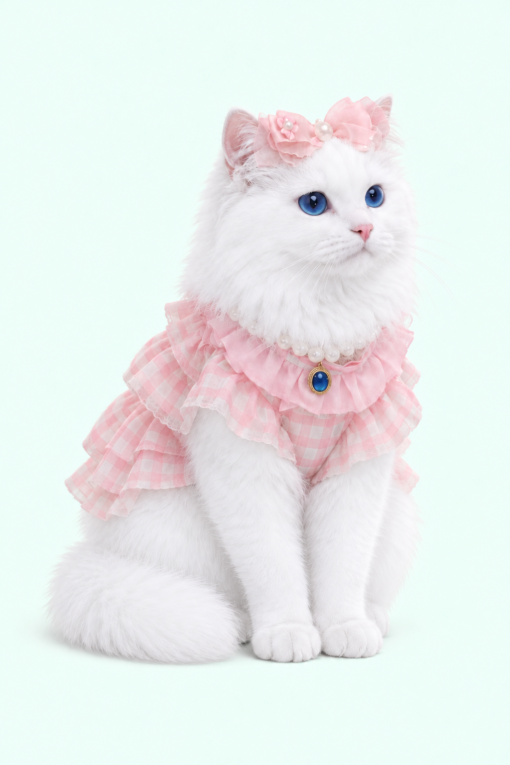A white cat wearing a pink dress