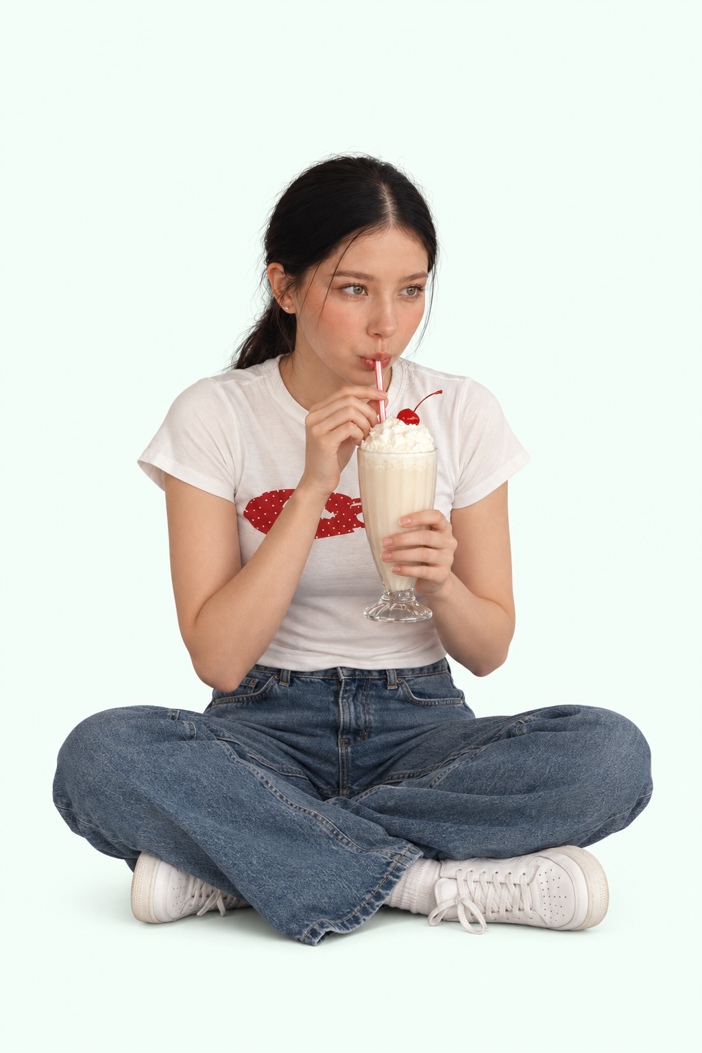 A seated woman drinking a milkshake