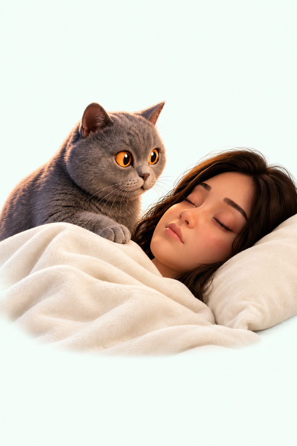 A gray cat beside a sleeping woman