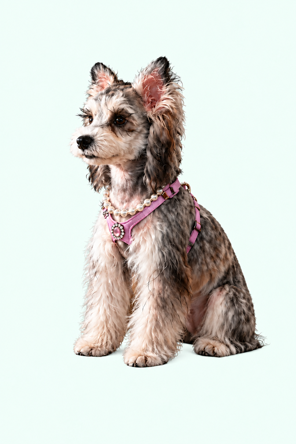A small dog wearing a pink harness