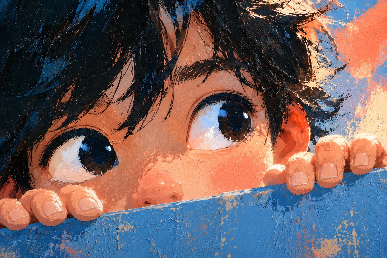 Illustrated character peeking over a blue ledge
