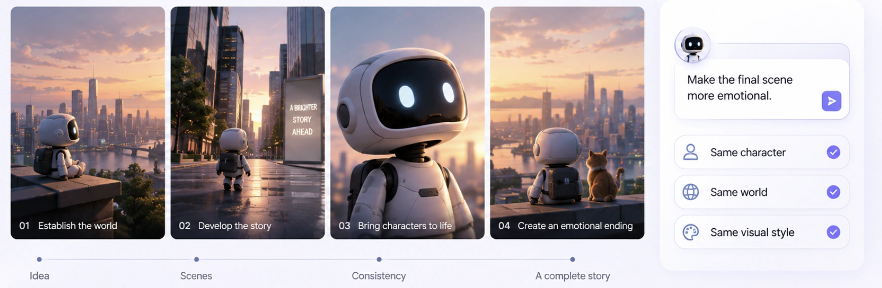 Connected robot story scenes with consistent characters and visual style