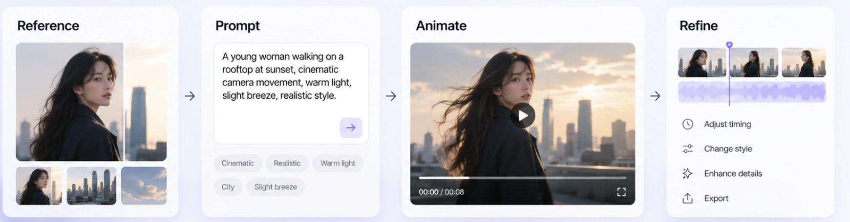 Reference, prompt, animation, and refinement workflow