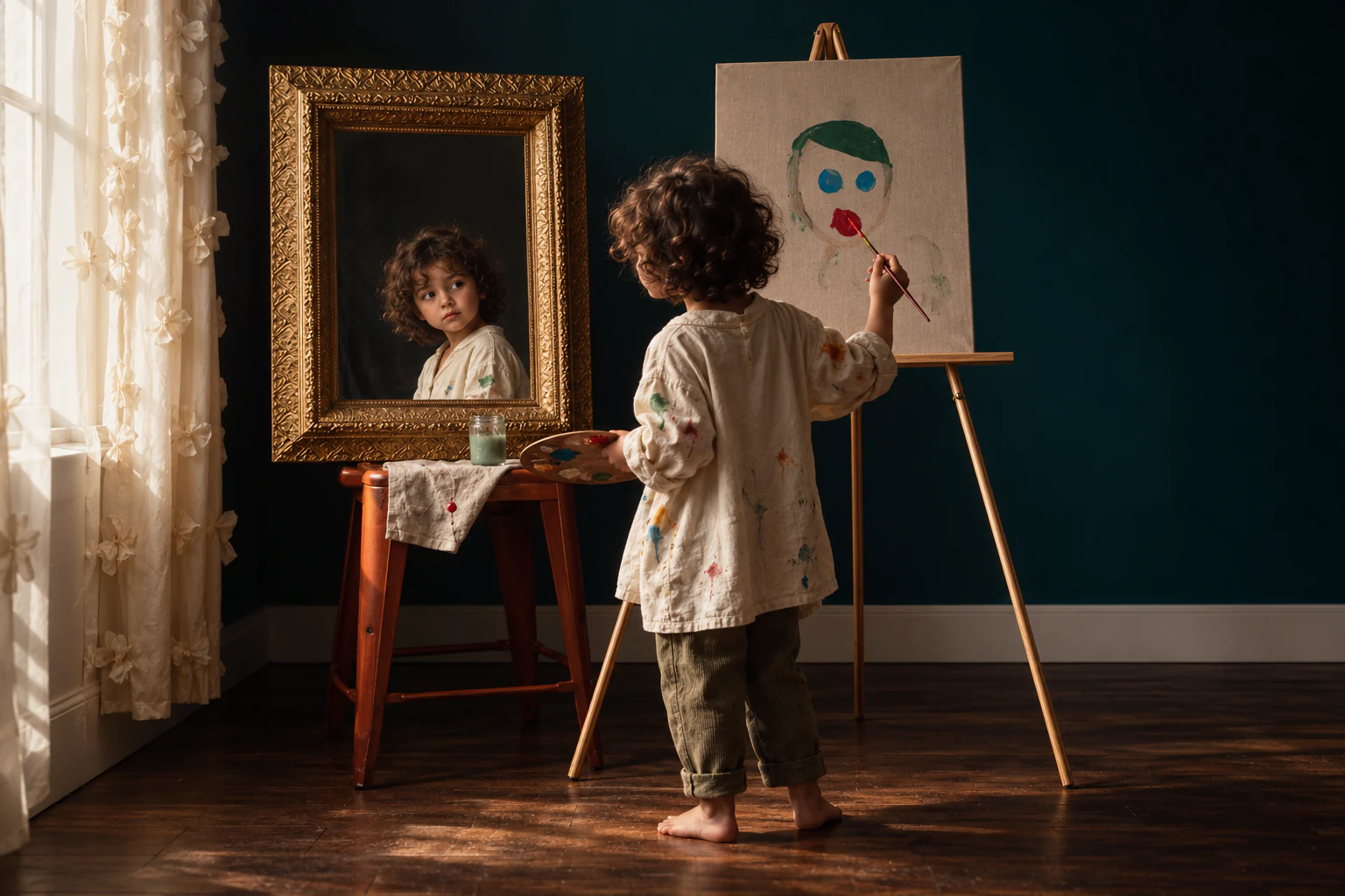A child paints a colorful portrait beside a mirror in a sunlit studio