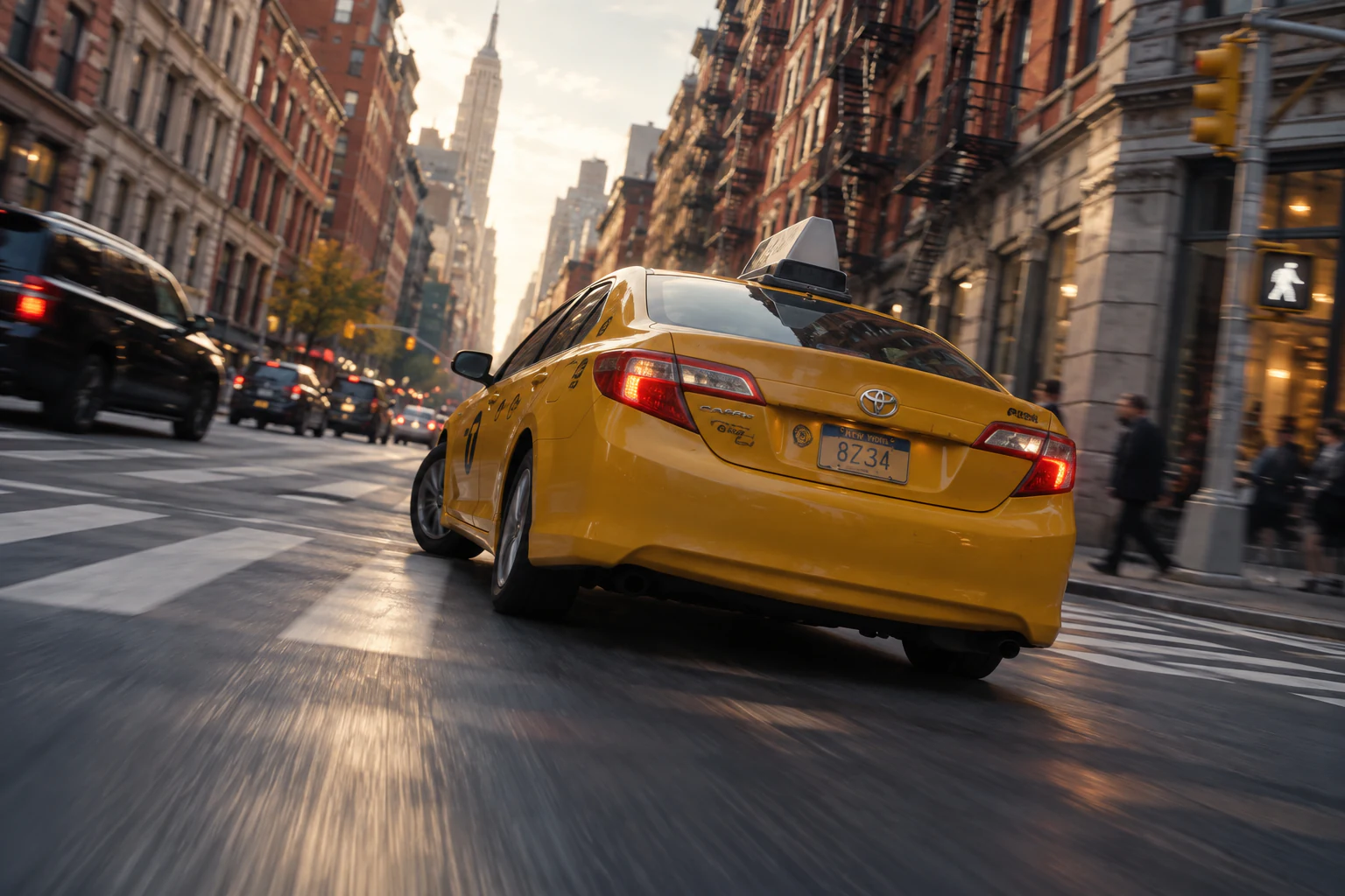 A yellow taxi moving through a sunlit New York street