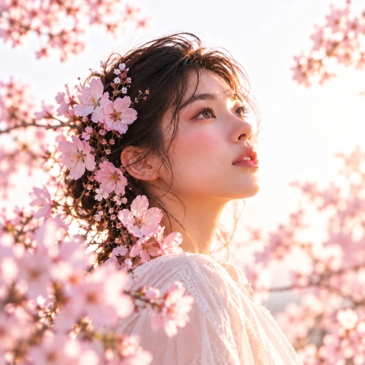 Woman with pink flowers in her hair